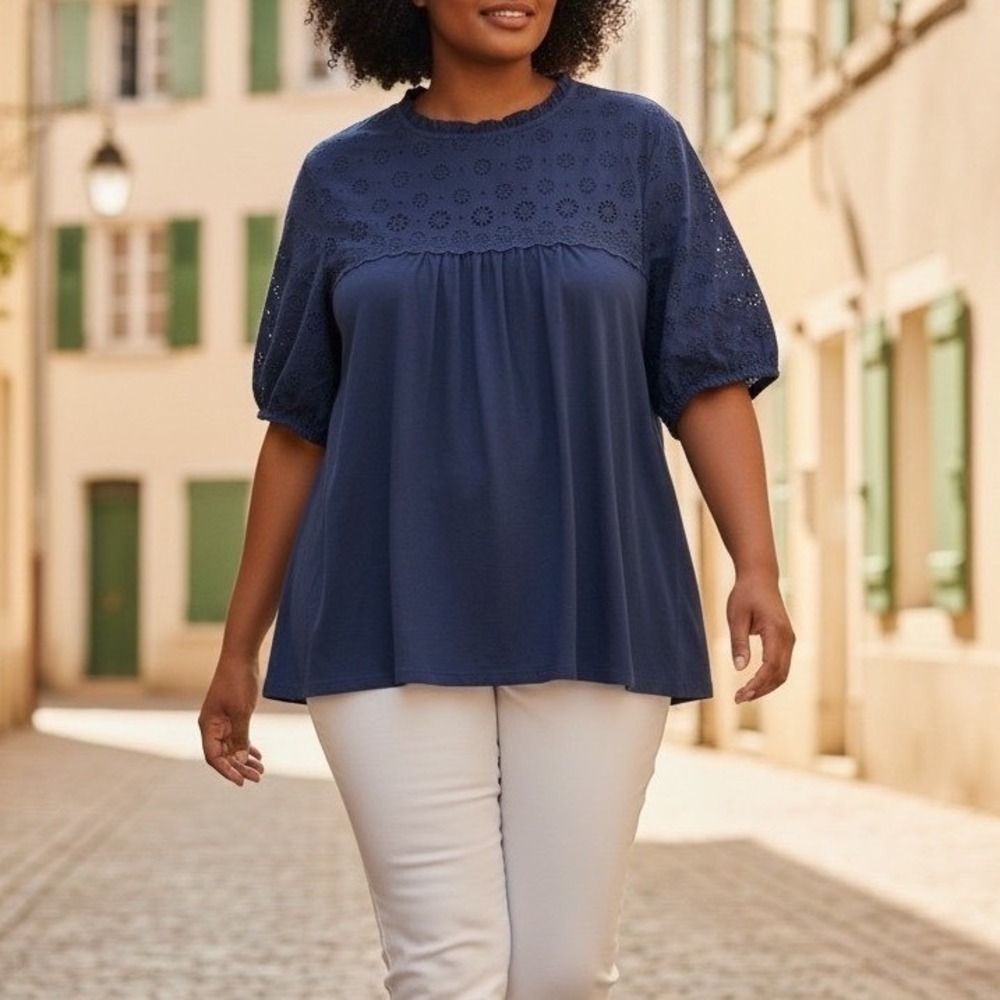✨Crown & Ivy Navy Blouse Ruffled Eyelet Mock Top Short Sleeve Boho Plus Sz 1X #